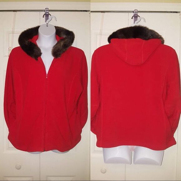 jin-jer Tops - #073 Jin-jer- Reddish-Orange Fleece w Brown Soft Fur Hoodie- Sz. XL